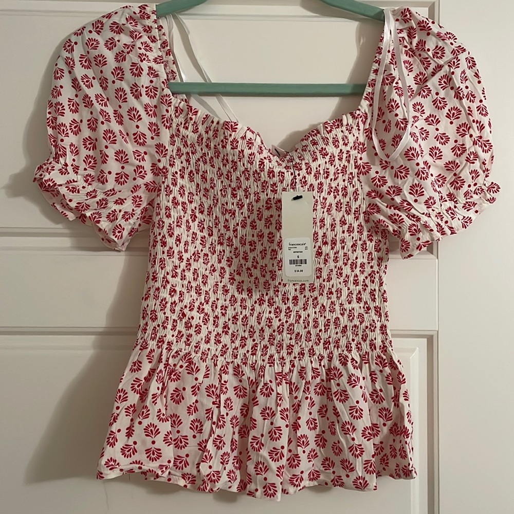 Red and white smocked top